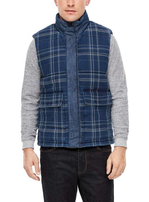 Checked denim quilted vest