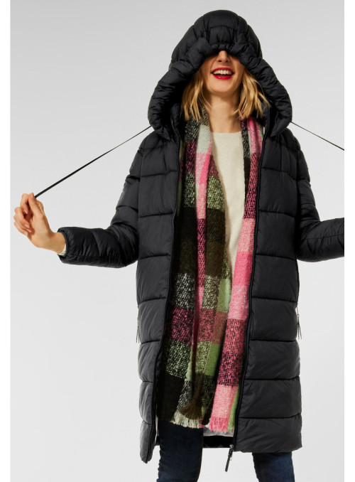 Long quilted jacket with hood