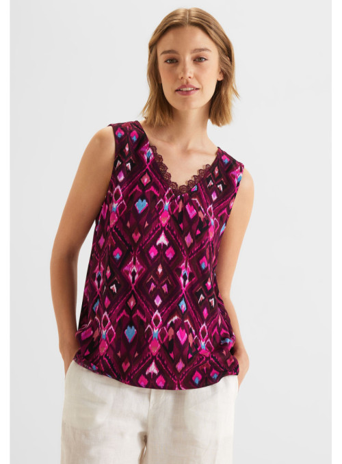 Printed v-neck top w crochet e