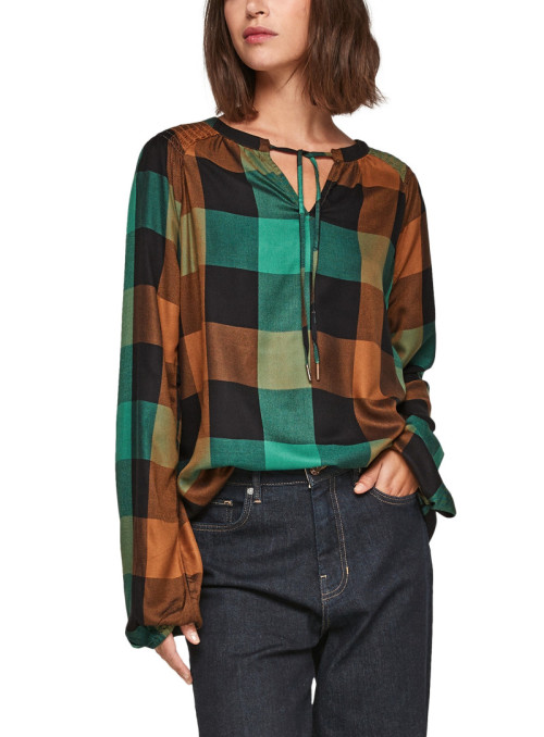 Plaid tunic blouse with tie...